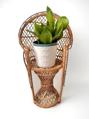 Vintage Mini Wicker Peacock Chair Plant Stand Boho Rattan Fan Back Decor 18”